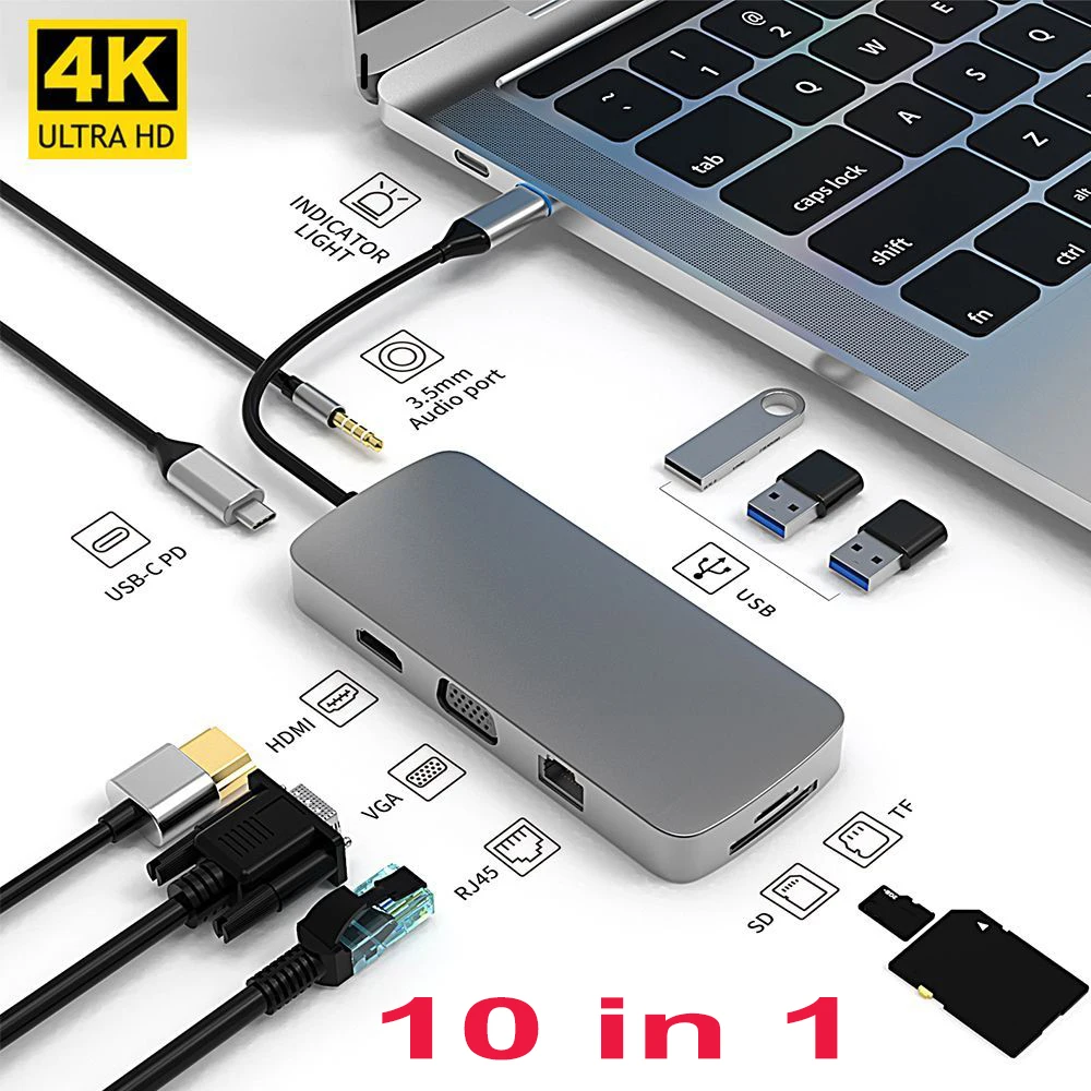 

USB-хаб с мультипортами 10 в 1, портативный адаптер с 4K HDMI, VGA, Ethernet, 3 USB-портами, аудио для MacBook Pro,XPS,HP,Dell