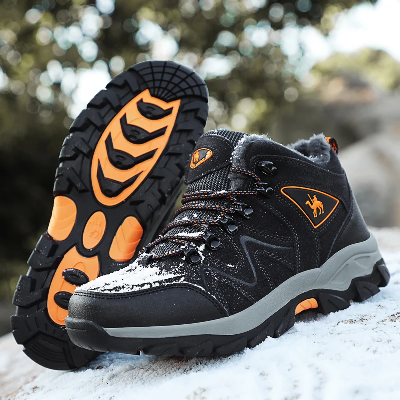 Suede Leather Hiking Boots With Fur Winter Sneakers Keep Warm Men Hiking Shoes Warterproof Sport Snow Shoes Outdoor Footwear