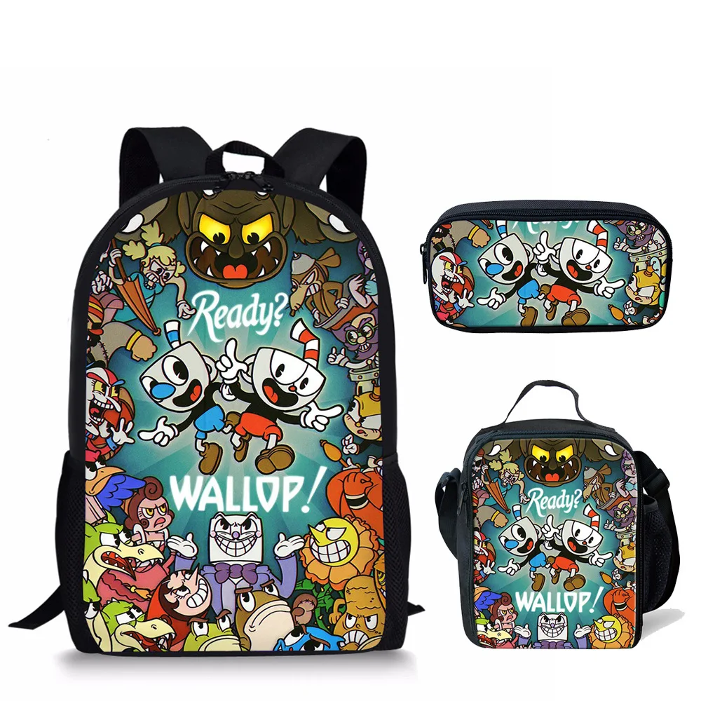 Cuphead Backpack 3pcs/Set School Bags Lunch Bag Pencil Case Children Boys Girls 3D Students Teens Laptop Backpack Trvel Bag