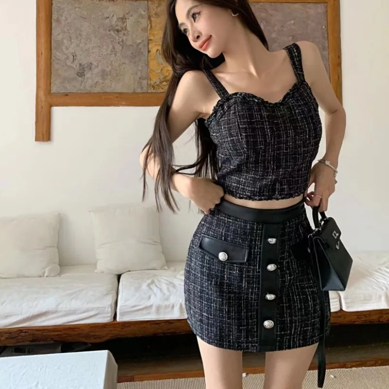 

Комплект из двух предметов Женский, пикантный твидовый топ и облегающая мини-юбка с завышенной талией, модная одежда