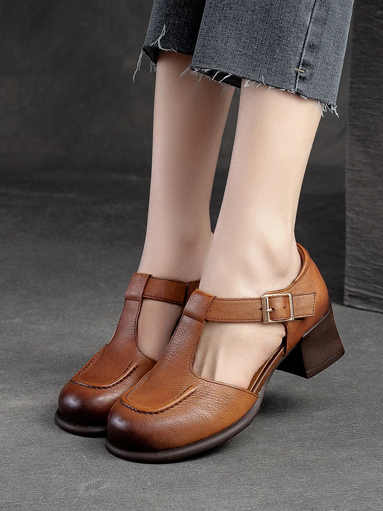 Beffery Genuine Leather Mary Jane Women's Heel Shoes Retro Handmade block heel Women T-shape Sandals