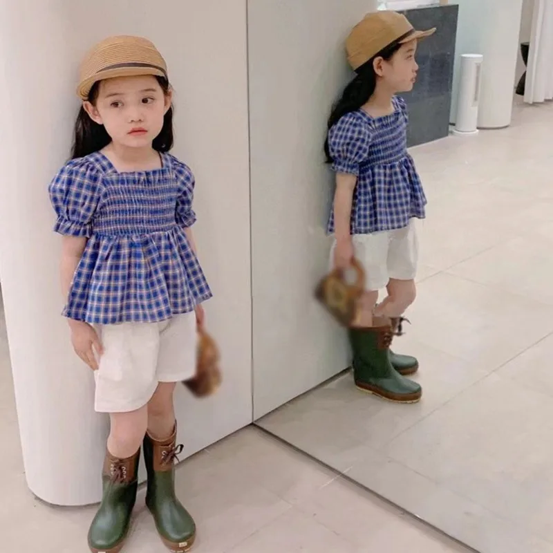 

Top And Shorts Kids Clothing Sets Short Puff Sleeve Plaid Print Tops With Korean Style Solid Shorts Summer Fashion Girls Sets