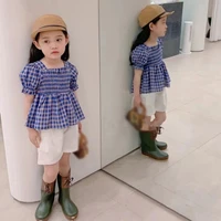 top and shorts kids clothing sets short puff sleeve plaid print tops with korean style solid shorts summer fashion girls sets