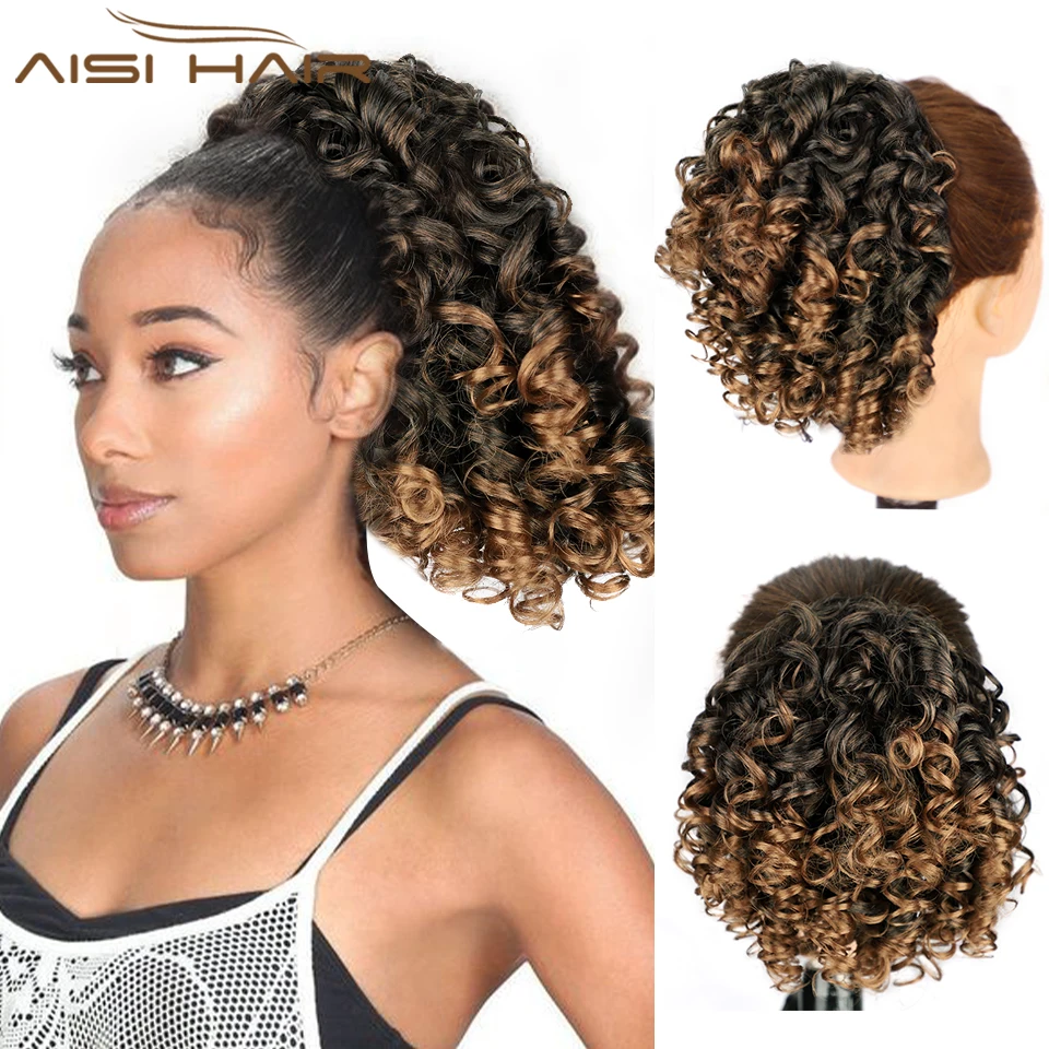 

AISI HAIR Synthetic Short Kinky Curly Ponytail Brown Mix Blonde Drawstring Ponytail for Women Daily Use Heat Resistant Fiber