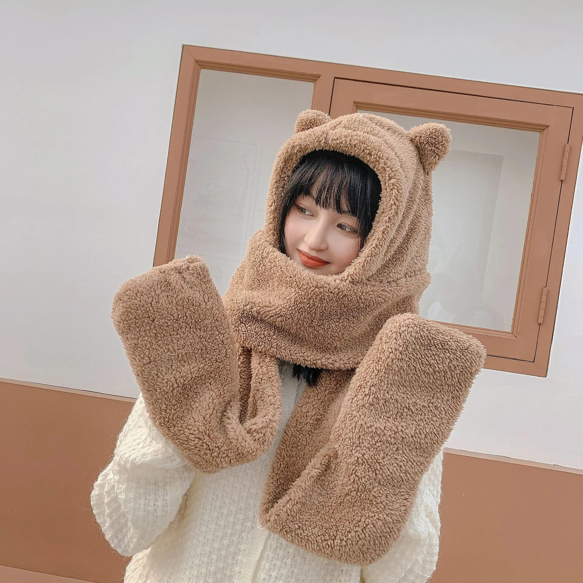 

New Cute Bear Ear Hat Scarf Gloves Set Winter Women Beanies Caps Warm Casual Plush Hats Casual Solid Fleece Girl Kawaii Present