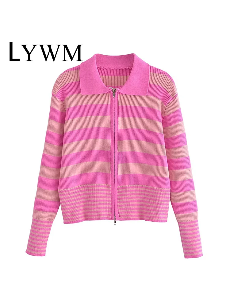 

LYWM Women Fashion Striped Cropped Cardigan Sweater Vintage Patchwork Zipper Long Sleeves Female Chic Tops Outfits