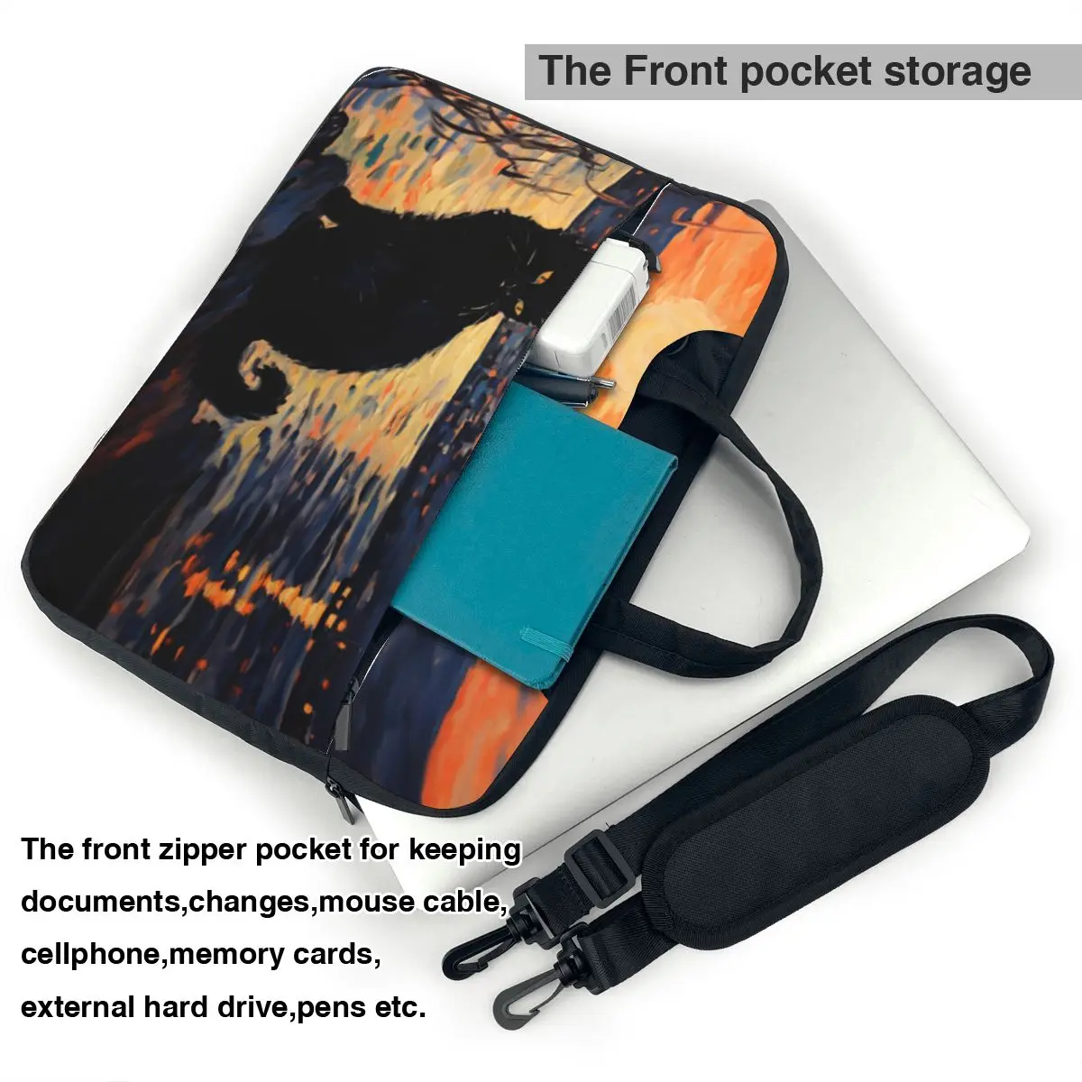 Сумка для ноутбука Черный кот на закате противоударная сумка с милыми животными