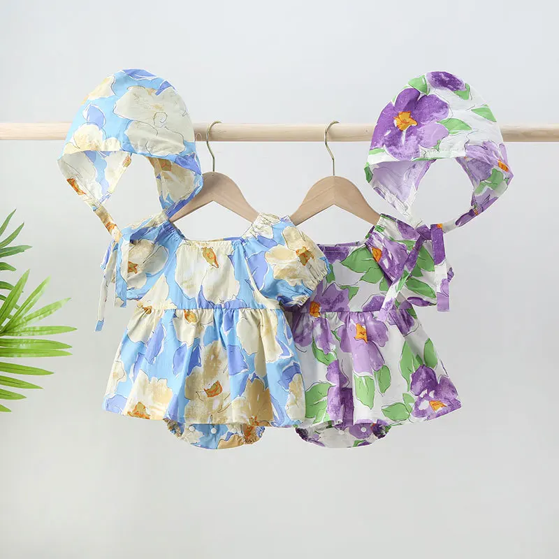 

Baby Girls Summer One-piece Clothes Thin Korean Princess Climbing Clothing Big Flower Puff Sleeves Baby Rompers+ Headband 0-18M