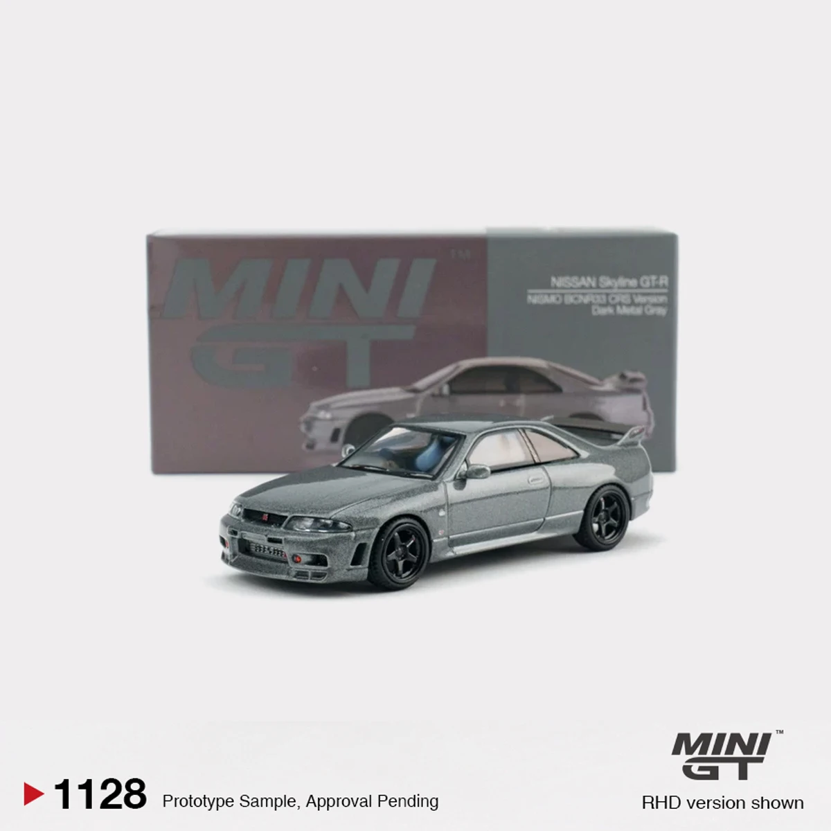 Фото В наличии, готов к отправке: MiniGT 1128 1:64 Nissan Skyline GT-R R33, металлик, темно-серый, праворульный, литая модель автомобиля # 1128 №1