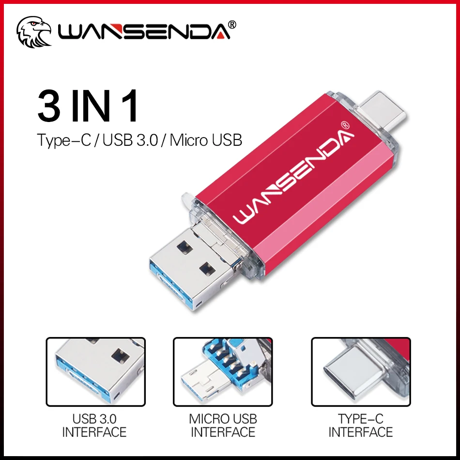 

WANSENDA USB Flash Drive 3 IN 1 USB 3.0 & Type C & Micro USB OTG Pen Drive 32GB 64GB 128GB 256GB 512GB Pendrive USB Memory Stick