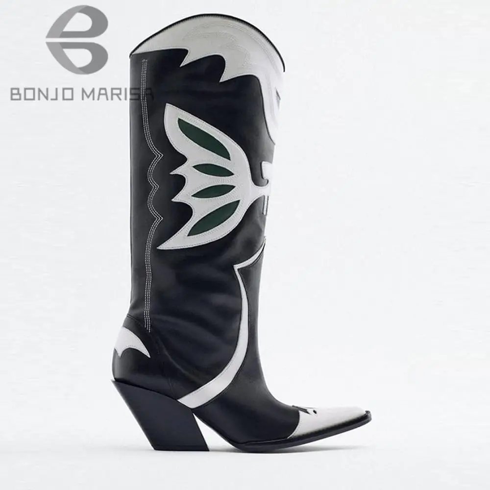 

Cowboy Knee High Boots For Women 2022 Pointed Toe Slip On Embroidery Stacked Heels Casual Winter Shoes Winter Western Boots