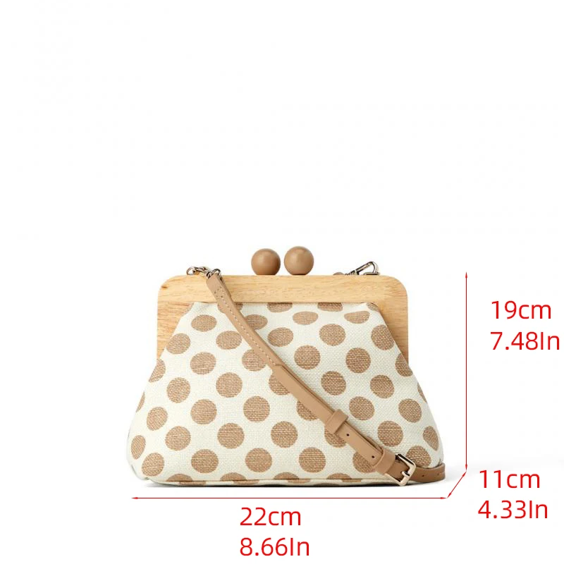 Retro Shell Bag for Women Wooden Clip Shoulder Crossbody Bag Dots Handbags Female Fashion Canvas Messenger Bags Shopper Purses