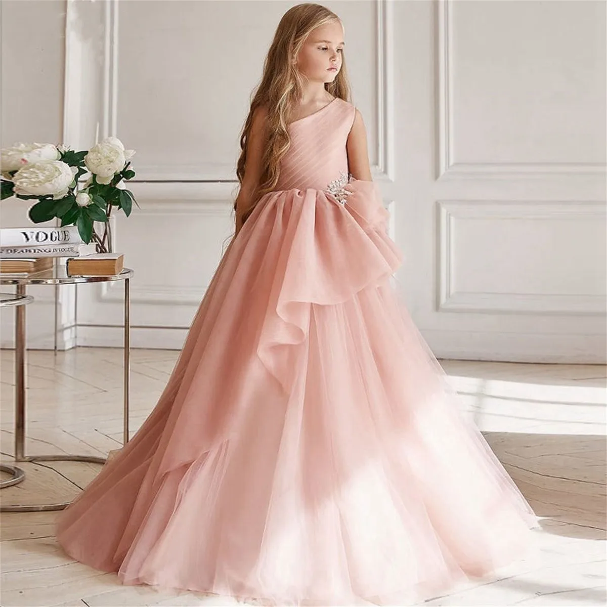

Элегантное розовое платье для девочки на одно плечо с цветочным принтом для свадьбы Тюлевая аппликация многослойное ТРАПЕЦИЕВИДНОЕ длинное платье принцессы для первого причастия
