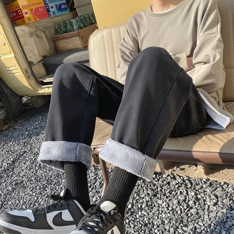 Winter Fleece Thickened Jeans Men Warm Fashion Casual Straight Jeans Men Streetwear Loose Thick Denim Pants Mens Trousers S-2XL