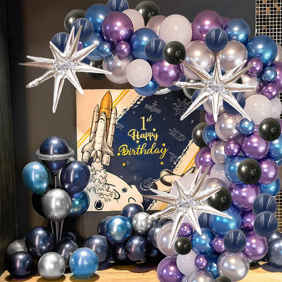 

Balloon Garland Arch Kit Latex Galaxy Balloons Set Reusable Conical Foil Balloons Kit with Balloon Strip Ribbon Hook Straw for