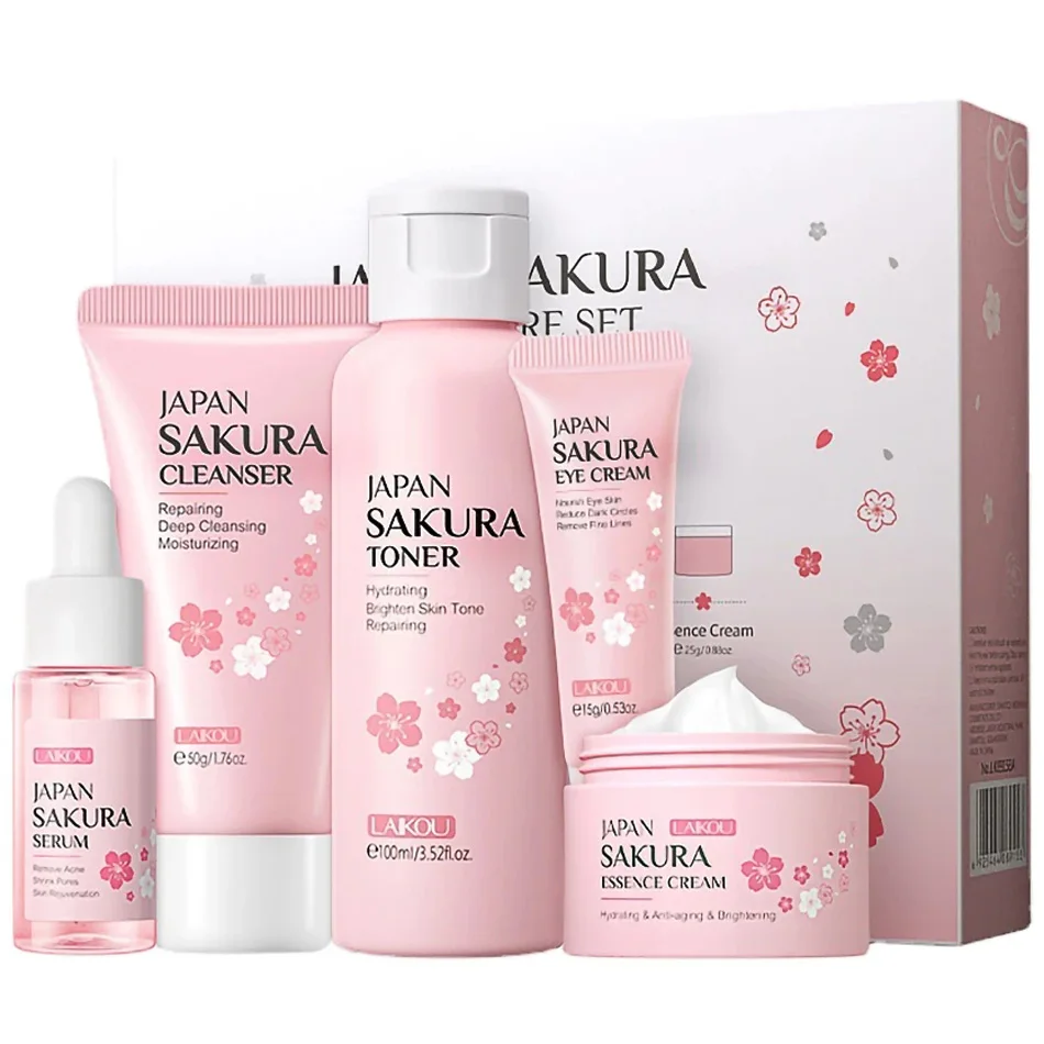 

Sakura Skincare Set Oil Control Facial Cleanser Nourishing Face Serum Face Cream Fade Dark Circles Eye Cream Face Care Products