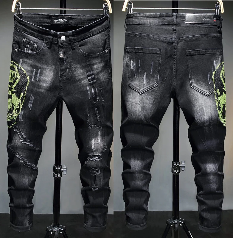 

European Style Men plein brand jeans mens slim denim trousers black jeans Straight Skulls Biker hole black jeans pants for men