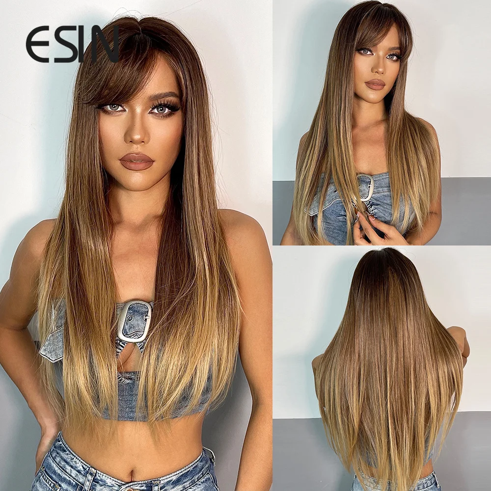 

ESIN Мода 2022 синтетические парики длинный прямой парик с челкой для женщин ежедневное искусственное Косплей Термостойкое волокно