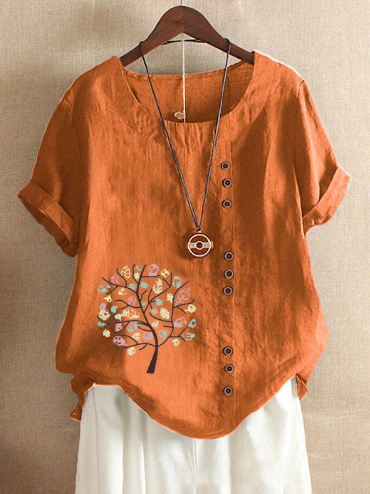 

Women Summer New Fashion Casual Linen Shirt O Neck Printing T-shirt Short Sleeve Tops Loose Blouse S-5XL Harajuku T-shirts Women