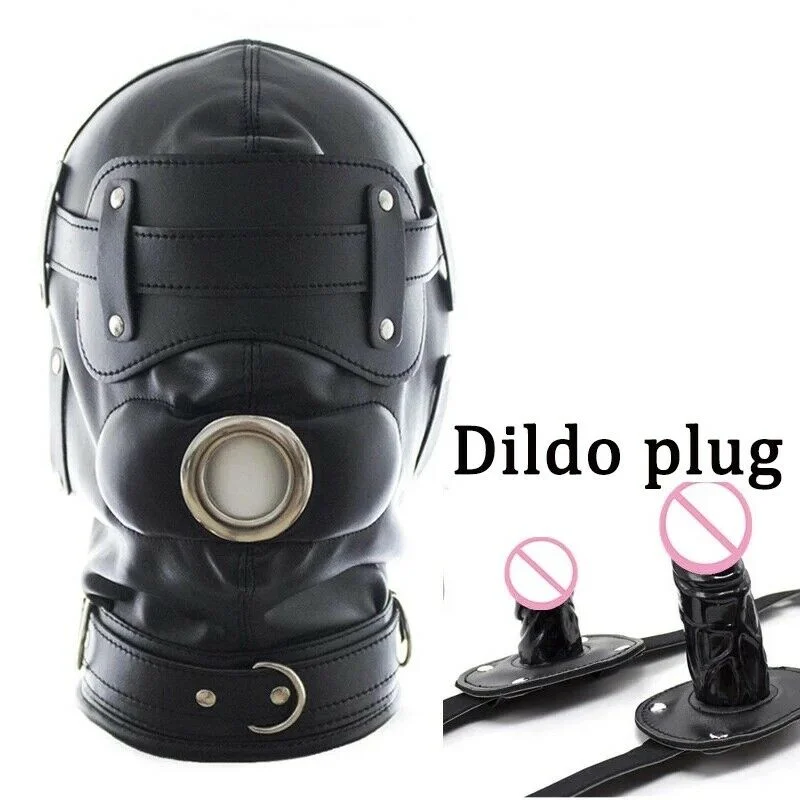 

PU Leather Headgear Hood Dildo Open Mouth Oral Gag Bite Silicone Penis Plug Lockable Harness BDSM Bondage Adult Playing Sex Toy