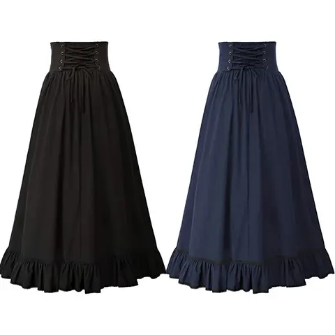 2022 Women Skirt Summer Clothes Gothic Maxi Skirt High Waist Ruffled Hem A-Line Elastic Waist Vintage Pleated Casual Party Skirt