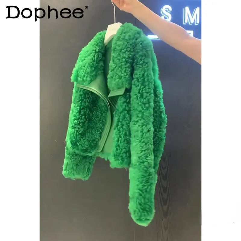 Fashion Green Faux Wool Lamb Fur Coat for Women 2023 Spring Winter New Small Short Woolen Coats Cropped Jacket Femme