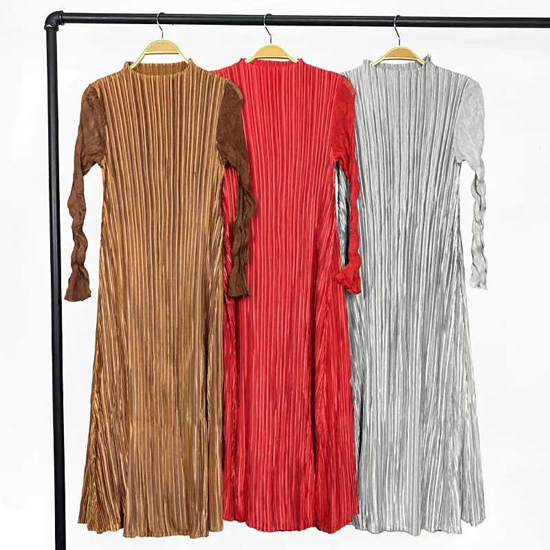 Women Satin dress Miyake Pleated Fashion Design Solid Slim Long Sleeve STAND  High Strecth  A-LINE  Mid-Calf Dresses Tide