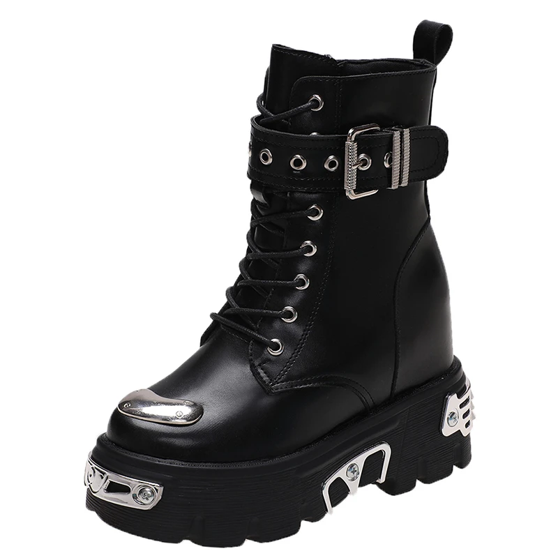 

Goth Platform Shoes WOMEN ANKLE BOOTS Women's Motorcycle Boot Urban Woman Chunky Metal Decor Height Increasing Black New Rock