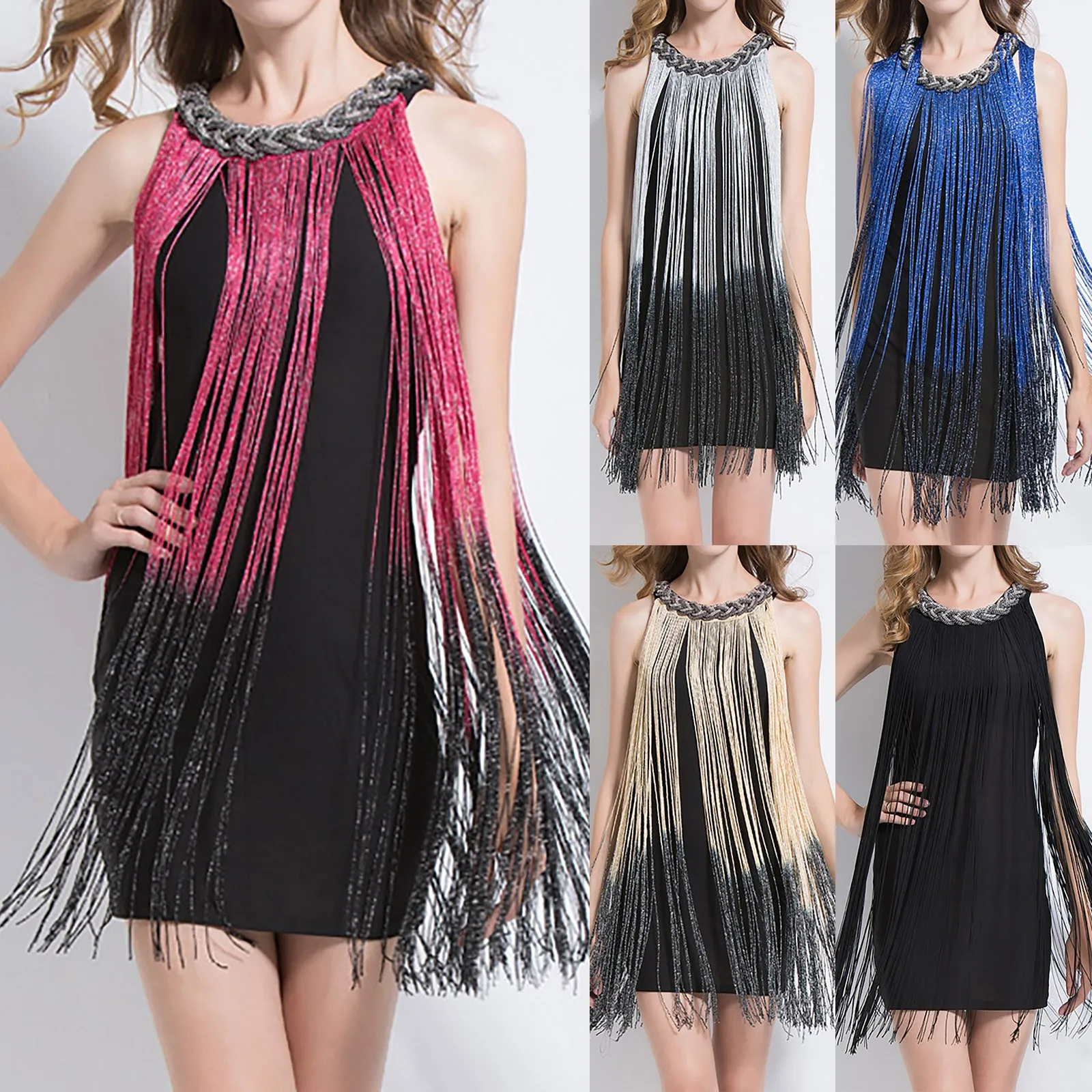 

Sexy Party Fashion Neck Sequin Fringe Dress Nightclub Sleeveless Slimming Mid Length Dress Dress for Juniors with Sleeves