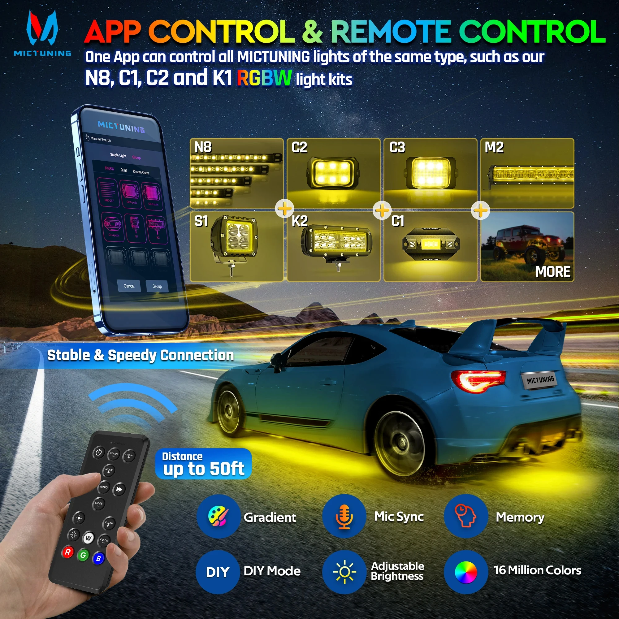 Фото MICTUNING 252 шт. светодиоды RGBW, автомобильные подсветки N8, многоцветные световые полосы под днищем с беспроводным приложением, пульт дистанционного управления с двойным управлением №4