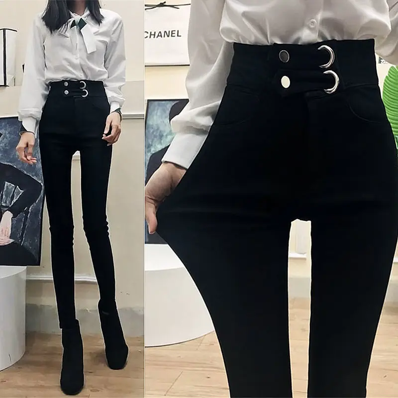 

2022 Spring Autumn Women Fashion Casual Tight Trousers Female High Waist Button Black Leggings Ladies Slim Pencil Pants E251