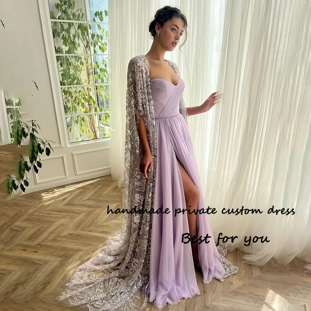 

Lalic Chiffon Evening Party Dresses Sequins Beads Cape Sleeve Sweetheart Prom Dress with Slit A Line Fairy Evening Party Gowns