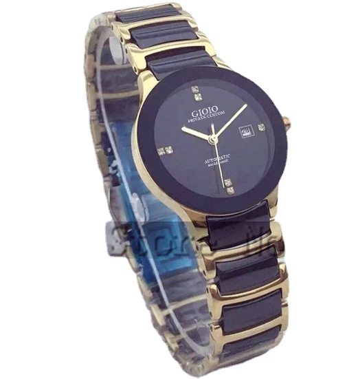 

Black Ceramic Mens Womens Couple Quartz Watch Silver Gold