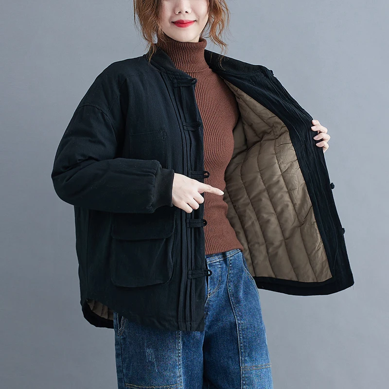 Women's autumn and winter linen cotton cotton coat 2022 new top loose buckle thickened cotton linen cotton coat short coat