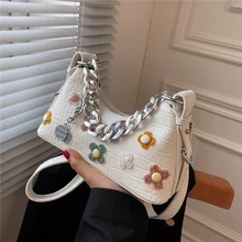 Burminsa Crocodile Pattern Flower Small Shoulder Crossbody Bags For Women Thick Chain Handle Brand Designer Ladies Handbags 2022