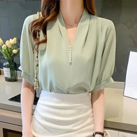 office lady short sleeve solid color chiffon shirt 2022 summer new womens fashion t shirt v neck pearl accessories top