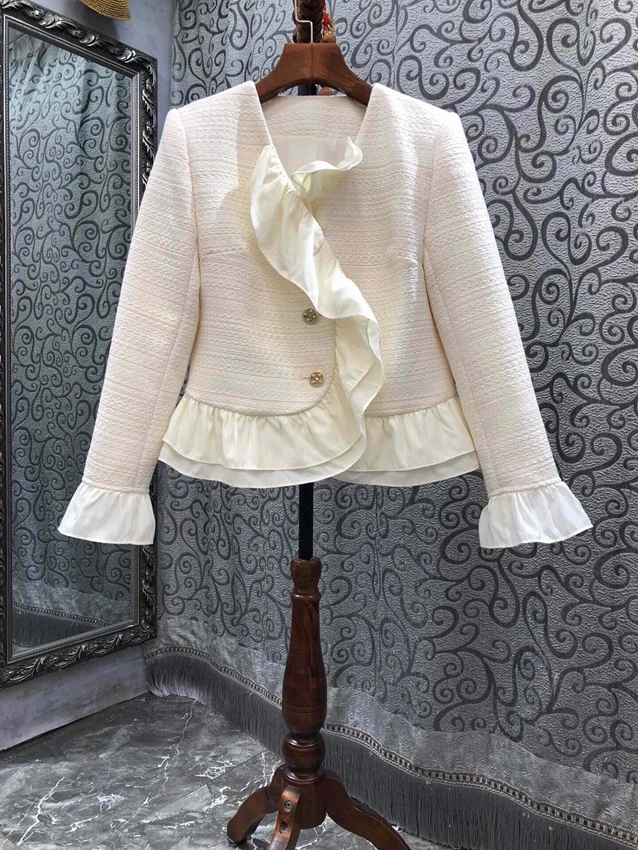 

2022 new women fashion high quality long sleeve v neck padded shoulder ruffle trim short coat 923