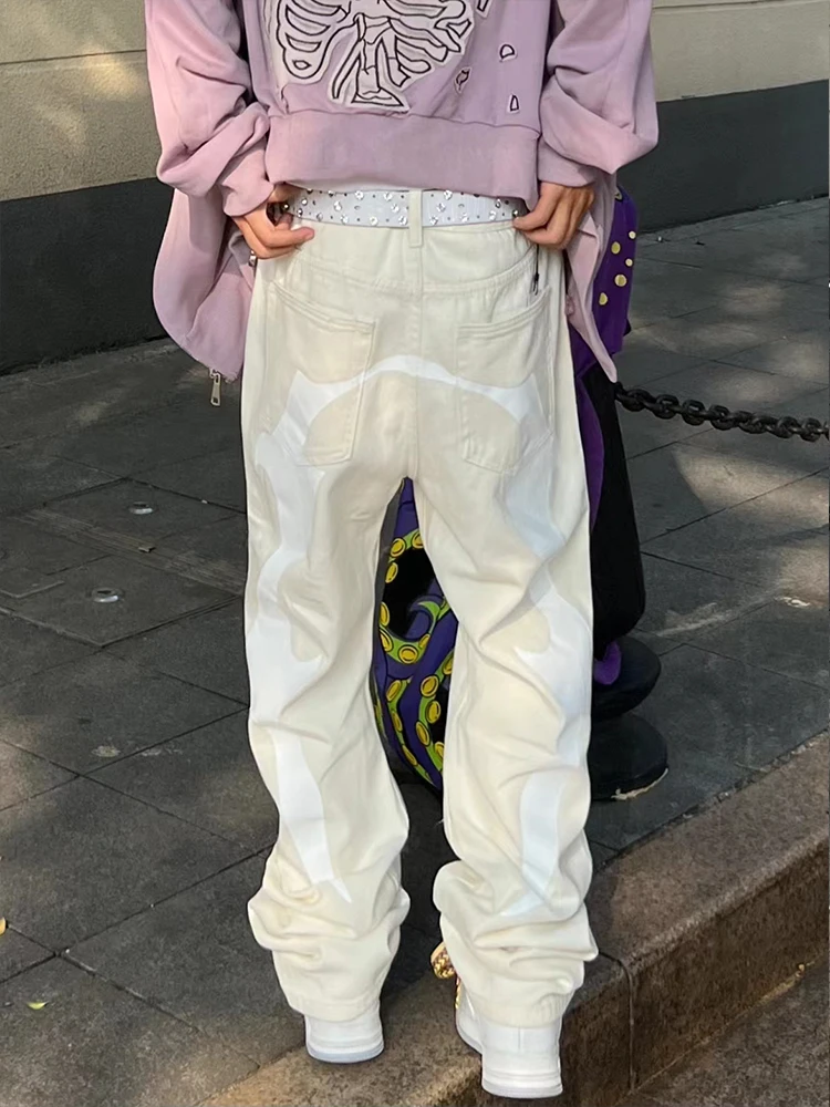 Men's Printed Loose Casual Jeans Y2K Streetwear Clothes High Waist Straight Denim Trousers Baggy Wide Leg Long Pants Solid Color