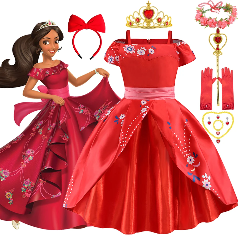 Disney-vestido de Princesa Elena de Avalor para Halloween, traje de fiesta de lujo con estampado Floral rojo, sin hombros