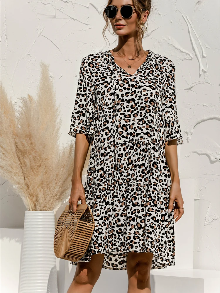

Summer Women's Dress 2021 Sewing Floral Mini Casual Short Sleeve V-neck Flared Sleeve Ladies Holiday Summer Leopard Print Women