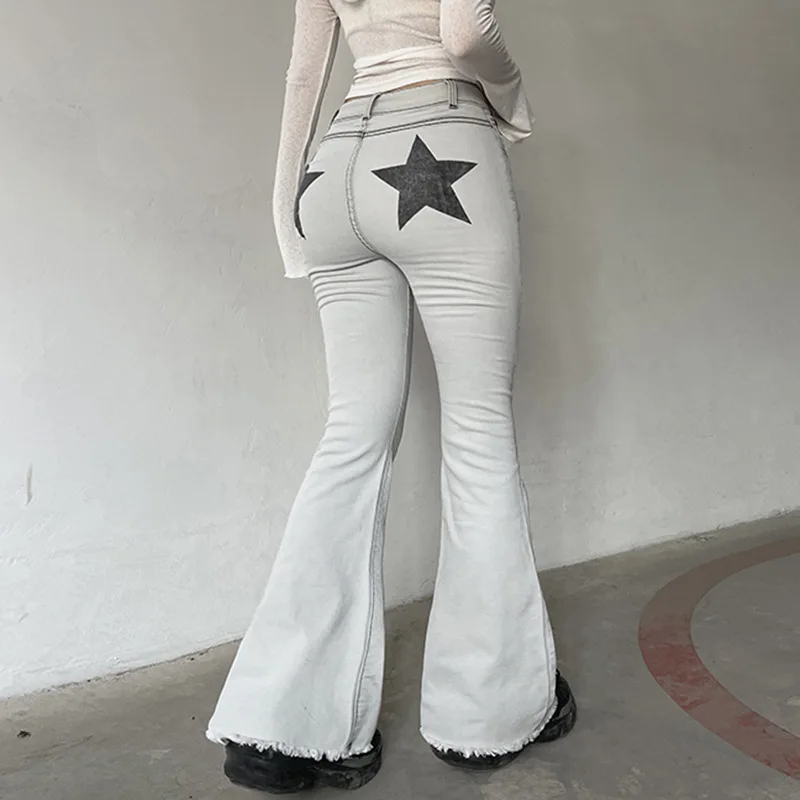 

Goth Dark Y2k Star Printed Streetwear Flare Pants Gothic Punk Skinny High Waist Trousers Women Raw Hem Elastic Grunge Jeans Fall