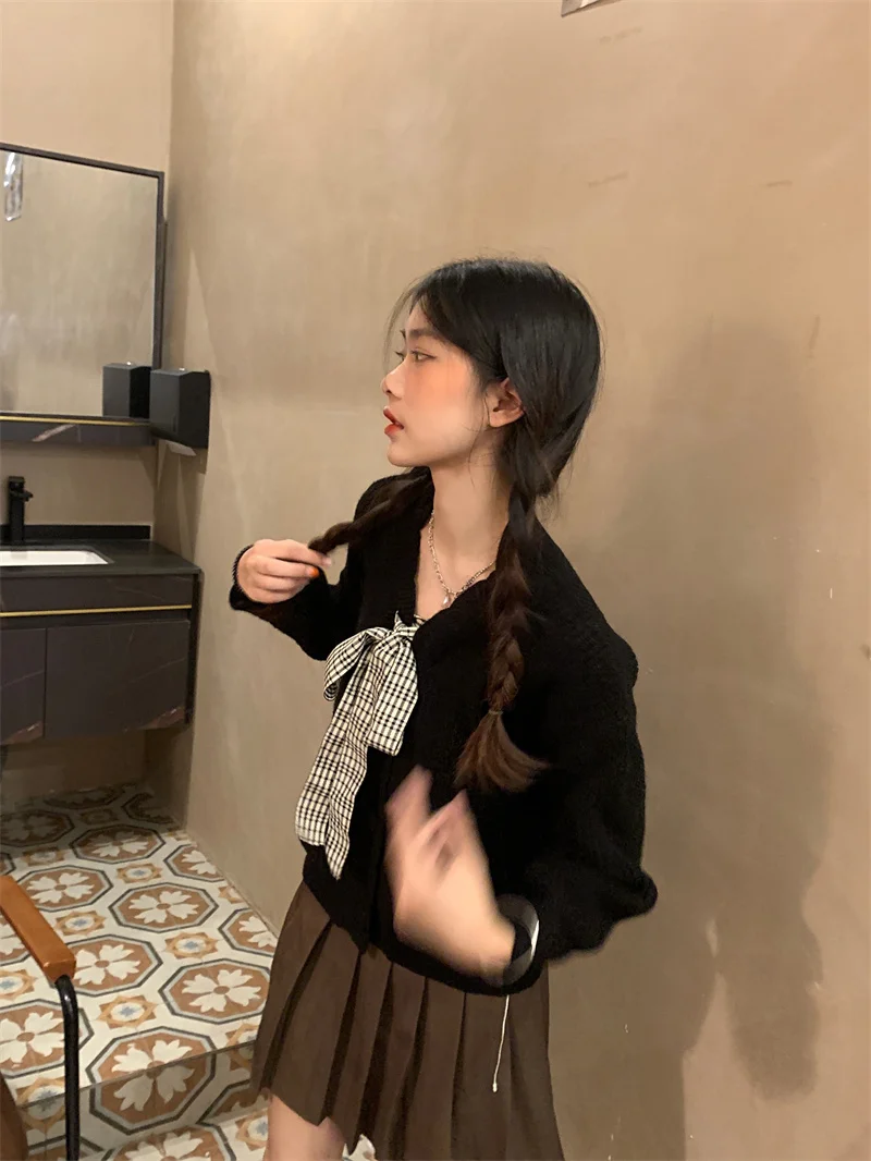 Pphome Нежный свитер на шнуровке с бантом вязаный кардиган женский осенний милый