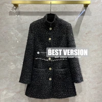 best version runway 3d woven soft knit tweed coat jacket long coats for women stand collar logoed metal buckle with silk liner