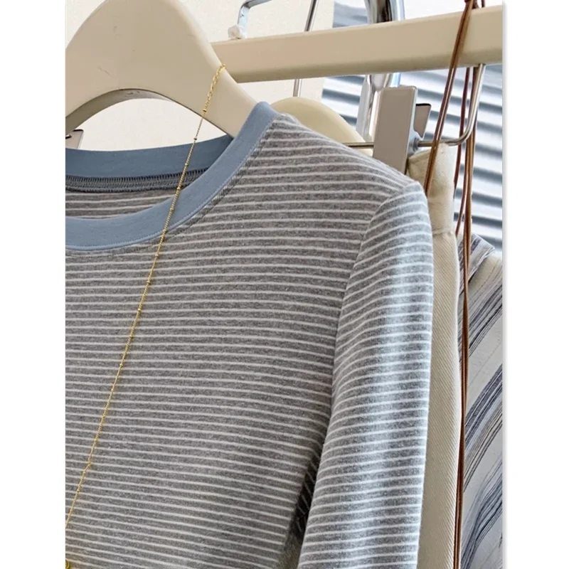 Plus Size ZDM Plus size 50.00kg Fake Two Pieces Stripe Short Long sleeves Shirt Women 2024 Autumn High-Grade Casual Bottoming...