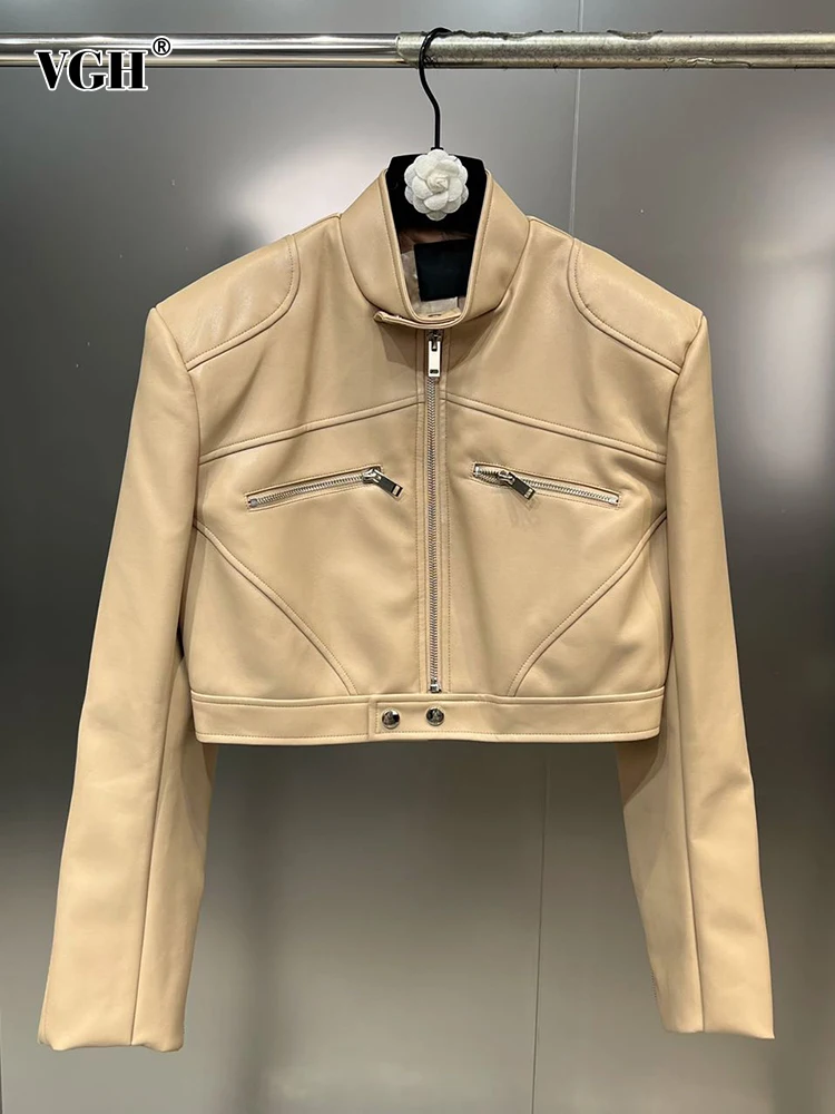 

Женская Короткая кожаная куртка VGH, однотонная Повседневная куртка с воротником-стойкой и длинным рукавом, уличная одежда на молнии, модная новинка