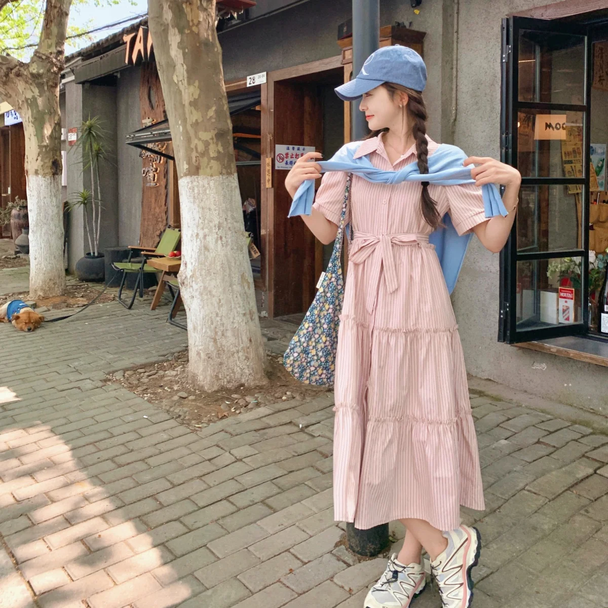 Женское длинное платье-рубашка розовое платье в полоску во французском стиле