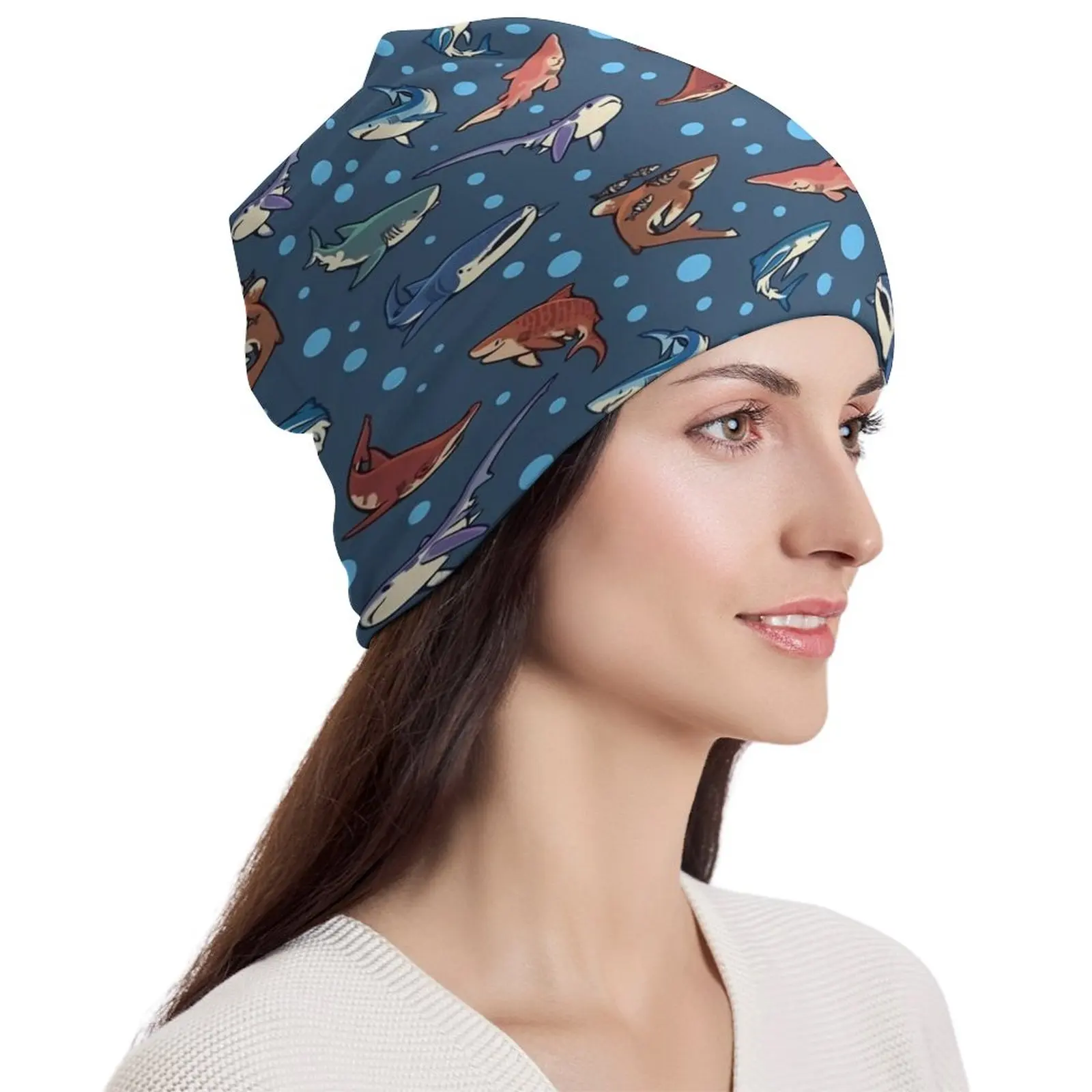 

Cartoon Shark Beanie Hats Dots Print Bonnet Hats Men Women Funny Hippie Knit Hat Autumn Custom Elastic Caps