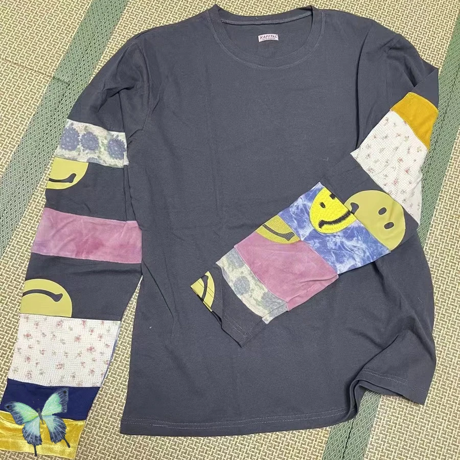 

KAPITAL Tie-dye Long Sleeve T-shirt Men Women Cotton Patchwork Pattern Embroidery Smiley Face Pullovers