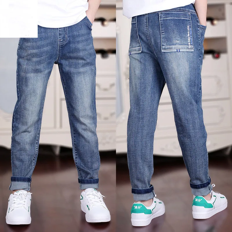 

4-18T Teenagers Clothes Boy Summer Jeans 2021 New Fashion Big Pocket Solid Elastic Waist Cotton Friction White Full Length