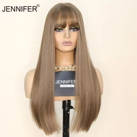 synthetic wig with bangs long straight brownlinen color lolita anime cosplay party daily wigs for women high temperature fiber